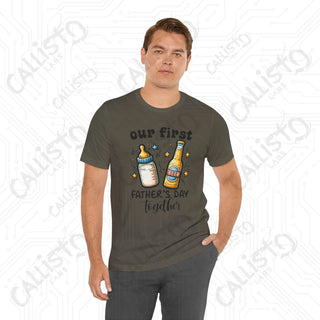 Men’s ’Our First Father’s Day Together’ Shirt: Celebratory Tee with Beer and Baby Bottle Graphic - Perfect Gift