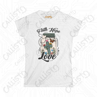 Women’s Softstyle Tee ’Faith Love Hope’ with Cross in Mason Jar Inspirational Christian Shirt for Women - White