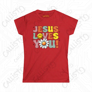 Women’s Floral Design Shirt - ’Jesus Loves You’: Inspirational Christian Tee for Women Faith-Based Apparel - Red