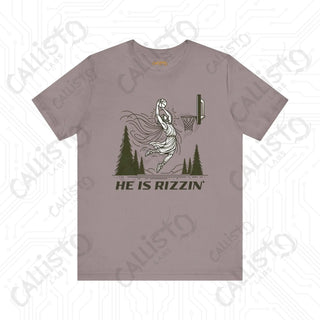 Men’s Funny ’He is Rizzin’’ Basketball Jesus Dunk Tee: Humorous Sports Shirt for Basketball Fans - Pebble Brown