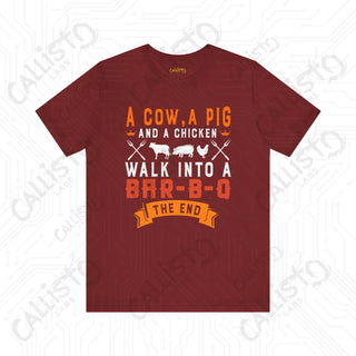 Men’s ’A Cow a Pig and a Chicken Walk into a BBQ’ Dad Joke Shirt: Hilarious BBQ Humor Tee for Dads and Grill