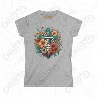 Empowering Women’s ’Faith’ Softstyle Tee with Floral Design and Cross - Inspirational Apparel for Her - Sport