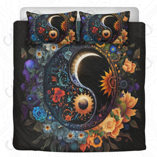 Floral Yin and Yang Sign 3 Piece Bedding Set - Duvet Cover and 2 Pillowcases - US Twin