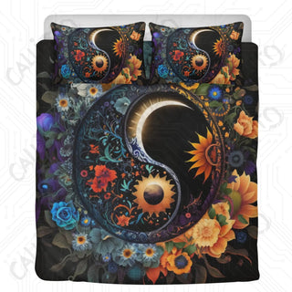 Floral Yin and Yang Sign 3 Piece Bedding Set - Duvet Cover and 2 Pillowcases