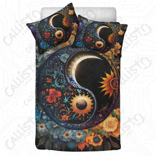 Floral Yin and Yang Sign 3 Piece Bedding Set - Duvet Cover and 2 Pillowcases