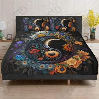 Floral Yin and Yang Sign 3 Piece Bedding Set - Duvet Cover and 2 Pillowcases