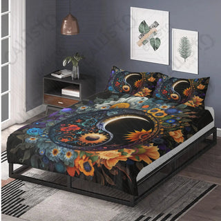 Floral Yin and Yang Sign 3 Piece Bedding Set - Duvet Cover and 2 Pillowcases