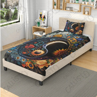 Floral Yin and Yang Sign 3 Piece Bedding Set - Duvet Cover and 2 Pillowcases