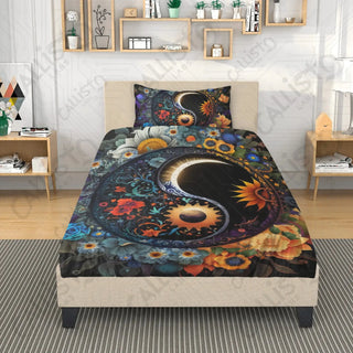 Floral Yin and Yang Sign 3 Piece Bedding Set - Duvet Cover and 2 Pillowcases