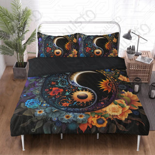 Floral Yin and Yang Sign 3 Piece Bedding Set - Duvet Cover and 2 Pillowcases