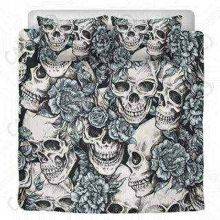 Skulls with Blue Roses 3 Piece Bedding Set - Duvet Cover and 2 Pillowcases