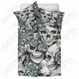 Skulls with Blue Roses 3 Piece Bedding Set - Duvet Cover and 2 Pillowcases