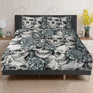 Skulls with Blue Roses 3 Piece Bedding Set - Duvet Cover and 2 Pillowcases