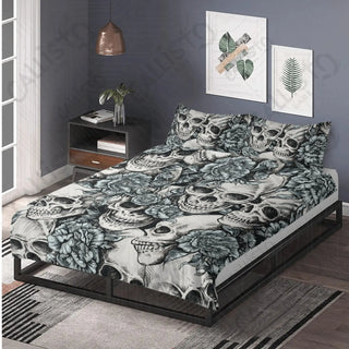 Skulls with Blue Roses 3 Piece Bedding Set - Duvet Cover and 2 Pillowcases