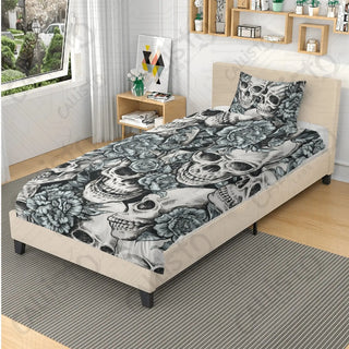 Skulls with Blue Roses 3 Piece Bedding Set - Duvet Cover and 2 Pillowcases