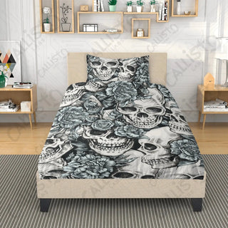 Skulls with Blue Roses 3 Piece Bedding Set - Duvet Cover and 2 Pillowcases