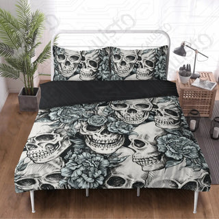 Skulls with Blue Roses 3 Piece Bedding Set - Duvet Cover and 2 Pillowcases