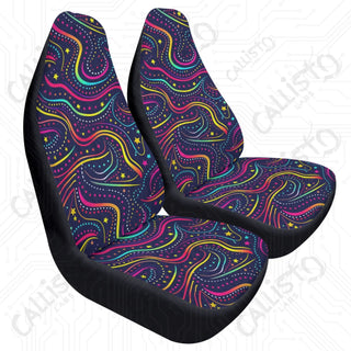 Bright Groovy Waves Front Seat Covers | Premium Quality Stretchable Fabric Elastic Backing Fastening | Protect Car Seats