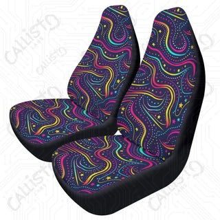 Bright Groovy Waves Front Seat Covers | Premium Quality Stretchable Fabric Elastic Backing Fastening | Protect Car Seats