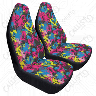 High-Quality Neon Graffiti Heart Front Seat Covers | Durable Polyester | Stretch Fabric & Elastic Backing Perfect Fit