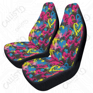 High-Quality Neon Graffiti Heart Front Seat Covers | Durable Polyester | Stretch Fabric & Elastic Backing Perfect Fit