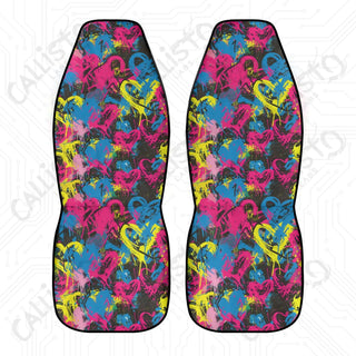 High-Quality Neon Graffiti Heart Front Seat Covers | Durable Polyester | Stretch Fabric & Elastic Backing Perfect Fit