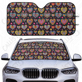 Groovy Neon Hearts Car Sunshade - Oxford Fabric UV Protector | Unique Design Custom Crafted