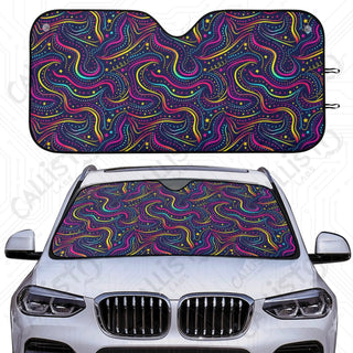 Groovy Neon Waves Car Sunshade - Oxford Fabric UV Protector | Unique Design Custom Crafted