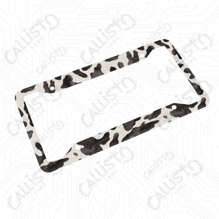 Cow Animal Print License Plate Frame - Personalized White Aluminum | UV Protection & Sleek Design | Stylish Car