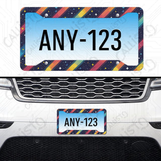 Rainbow Striped License Plate Frame - Personalized White Aluminum | UV Protection & Sleek Design | Stylish Car Accessory