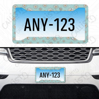 Daisy Floral Flower Print License Plate Frame - Personalized White Aluminum | UV Protection & Sleek Design | Stylish