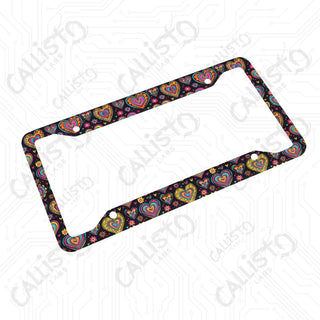 Vivid & Groovy Hippie Hearts License Plate Frame - Personalized White Aluminum | UV Protection & Sleek Design | Stylish