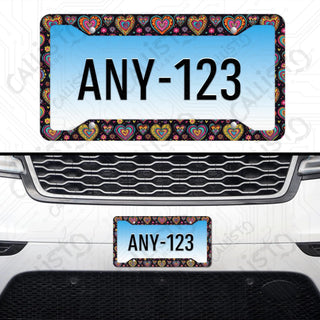 Vivid & Groovy Hippie Hearts License Plate Frame - Personalized White Aluminum | UV Protection & Sleek Design | Stylish