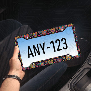 Vivid & Groovy Hippie Hearts License Plate Frame - Personalized White Aluminum | UV Protection & Sleek Design | Stylish