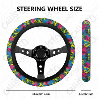 Vivid & Bright Groovy Neon Graffiti Hearts Custom Car Steering Wheel Cover - Soft Polyester Design | Perfect Fit & Easy