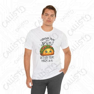 Men’s Funny ’Wanna Taco Bout Jesus Lettuce Pray’ Religious Shirt Humorous Christian Tee with Mark 16:15 Quote