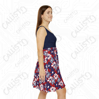 Women’s Patriotic Skater Dress - July 4th Independence Day USA Dress with Retro Floral Design - All Over Prints