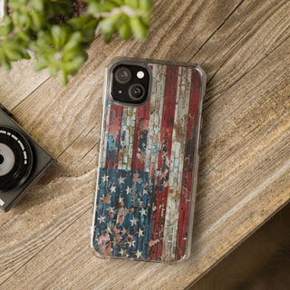 Distressed American Flag Magnetic Clear Impact Case for iPhone 14 & 15 - MagSafe® Compatible - iPhone 14 Plus - Phone