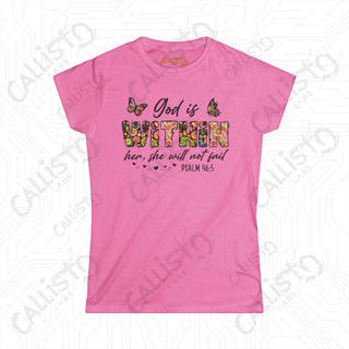 Women’s Softstyle Tee ’God Is Within Her’ Psalm 46:5 with Floral Design Inspirational Christian Shirt for Her