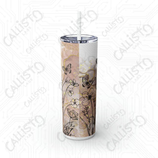 20oz Boho Floral Skinny Tumbler with Straw - Butterfly Flowers Minimalist Design