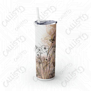 20oz Boho Floral Skinny Tumbler with Straw - Butterfly Flowers Minimalist Design