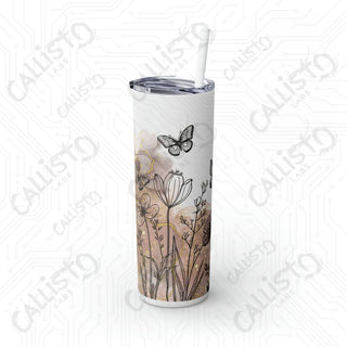 20oz Boho Floral Skinny Tumbler with Straw - Butterfly Flowers Minimalist Design