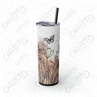 20oz Boho Floral Skinny Tumbler with Straw - Butterfly Flowers Minimalist Design