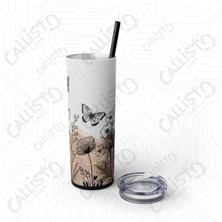 20oz Boho Floral Skinny Tumbler with Straw - Butterfly Flowers Minimalist Design