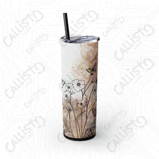 20oz Boho Floral Skinny Tumbler with Straw - Butterfly Flowers Minimalist Design