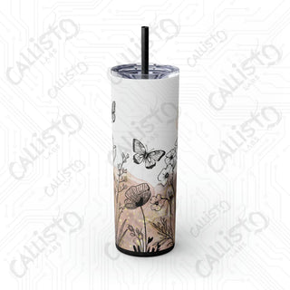 20oz Boho Floral Skinny Tumbler with Straw - Butterfly Flowers Minimalist Design