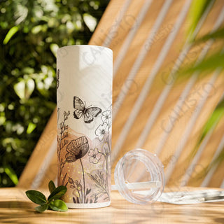 20oz Boho Floral Skinny Tumbler with Straw - Butterfly Flowers Minimalist Design - Glossy / White / 20oz