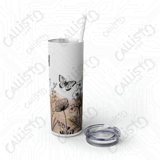 20oz Boho Floral Skinny Tumbler with Straw - Butterfly Flowers Minimalist Design