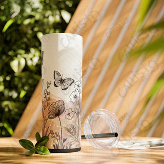 20oz Boho Floral Skinny Tumbler with Straw - Butterfly Flowers Minimalist Design - Matte / Black / 20oz