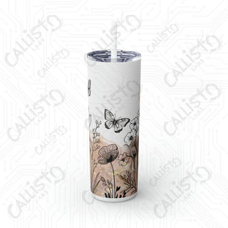 20oz Boho Floral Skinny Tumbler with Straw - Butterfly Flowers Minimalist Design